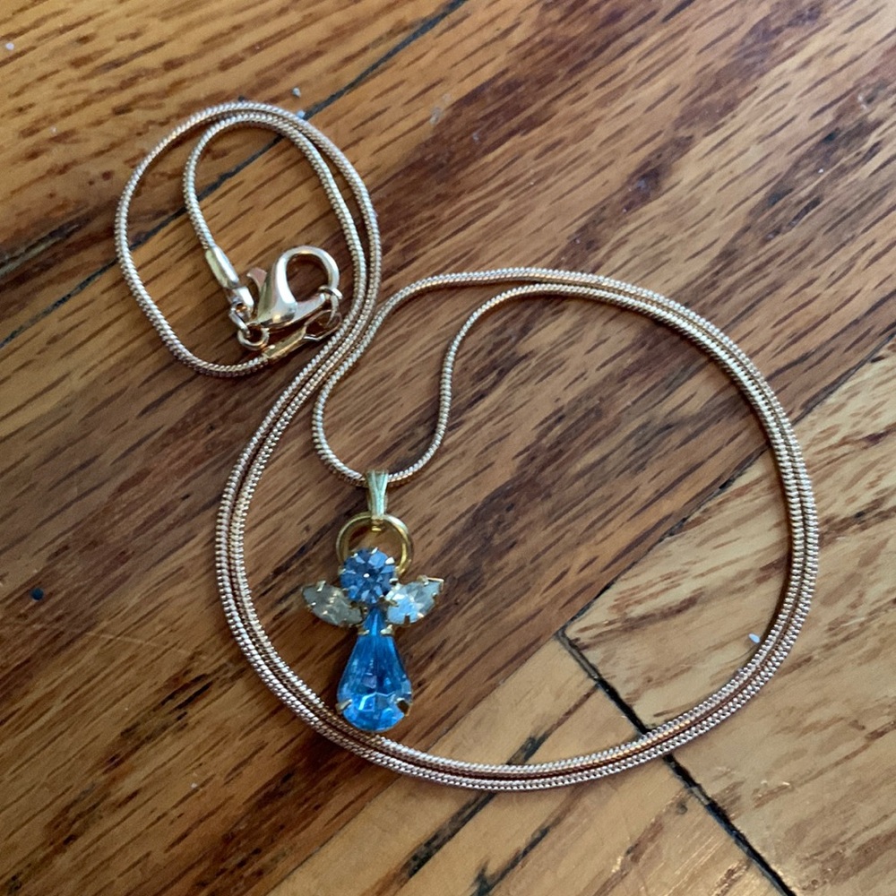 Vintage blue and white crystal guardian angel pendant on gold tone 18” chain